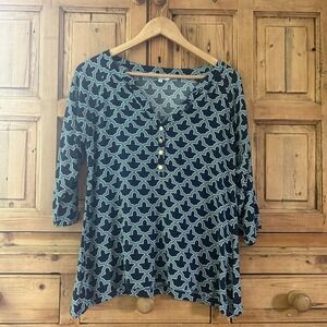 Escapada Living Blue Blouse‎ V-Neck 3/4 Sleeve Geometric Top Women Size Small